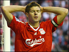 Gerrard show his frustration after giving away a penalty to Villa after fouling Reo-Coker